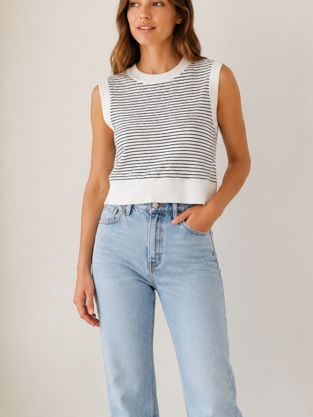 Miou Muse White & Bavy Striped Sleeveless Knit Tank Top Small